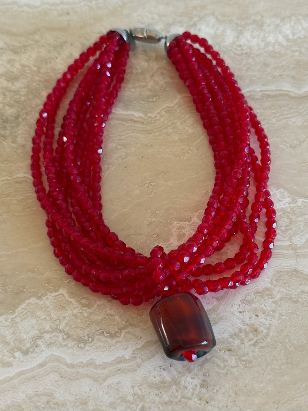 Murano Red Faceted Bead Necklace with Silver Accents